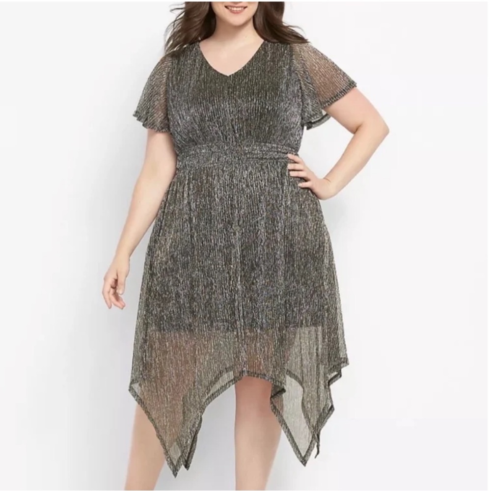Lane Bryant Metallic Gold Smock Waist V-Neck Sharkbite Hem Midi Dress